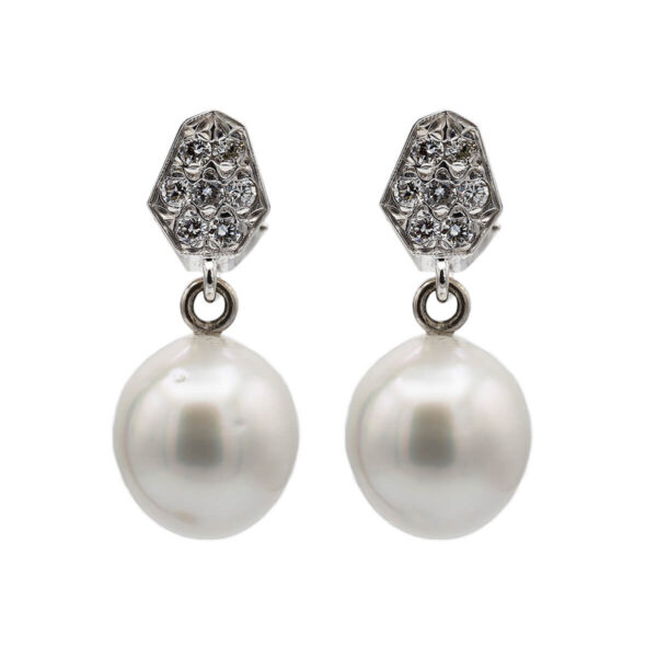 Platinum & Diamond Drop Pearl Earrings