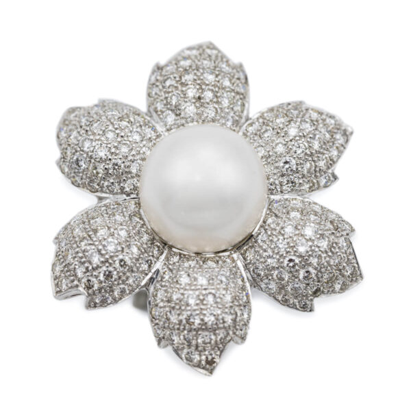 White Pearl & Diamond Flower Ring