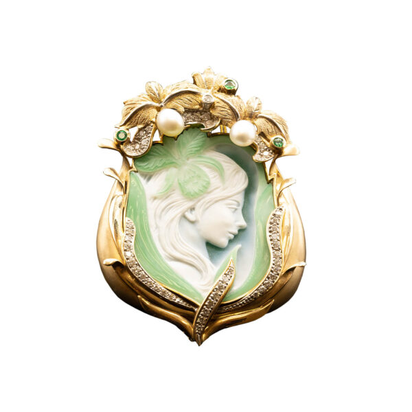 14KT Yellow Gold Agate, Pearl & Diamond Cameo