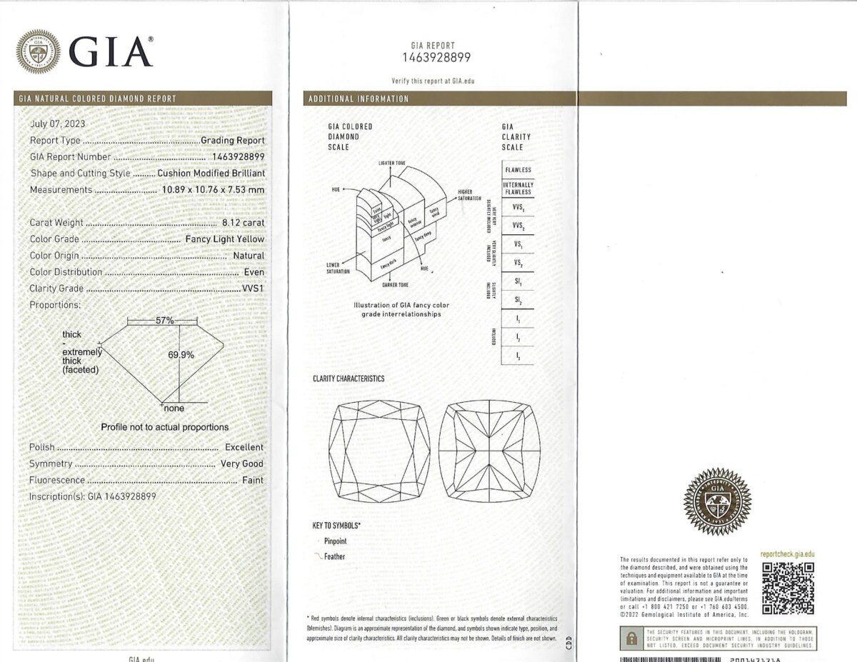 8.12 Carat GIA Cushion Cut Fancy Light Yellow Diamond 18 Karat Yellow Gold and Platinum Ring - Image 7
