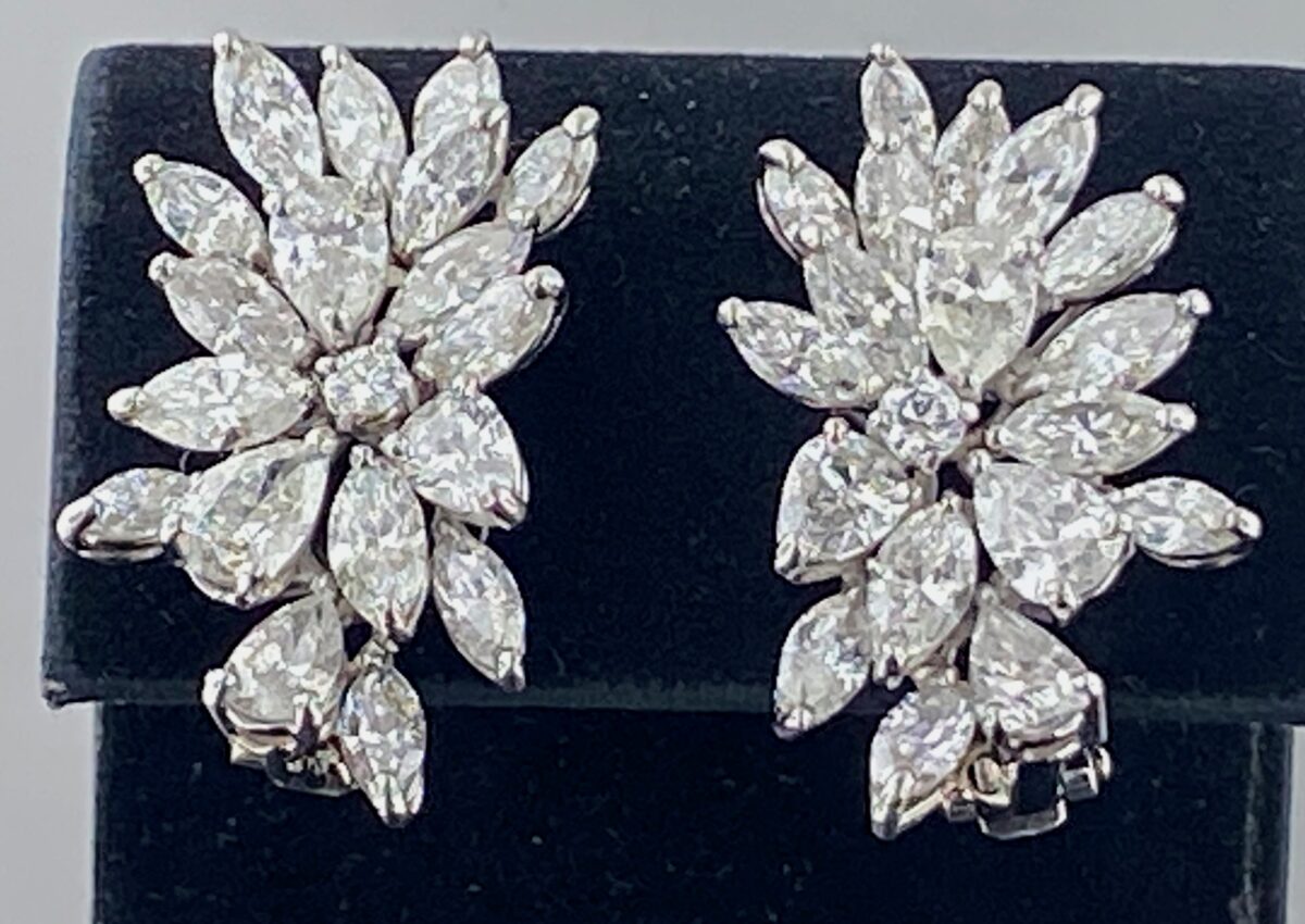 Marquise, Round and Pear Shaped Diamond Cluster Platinum Earrings - Image 6