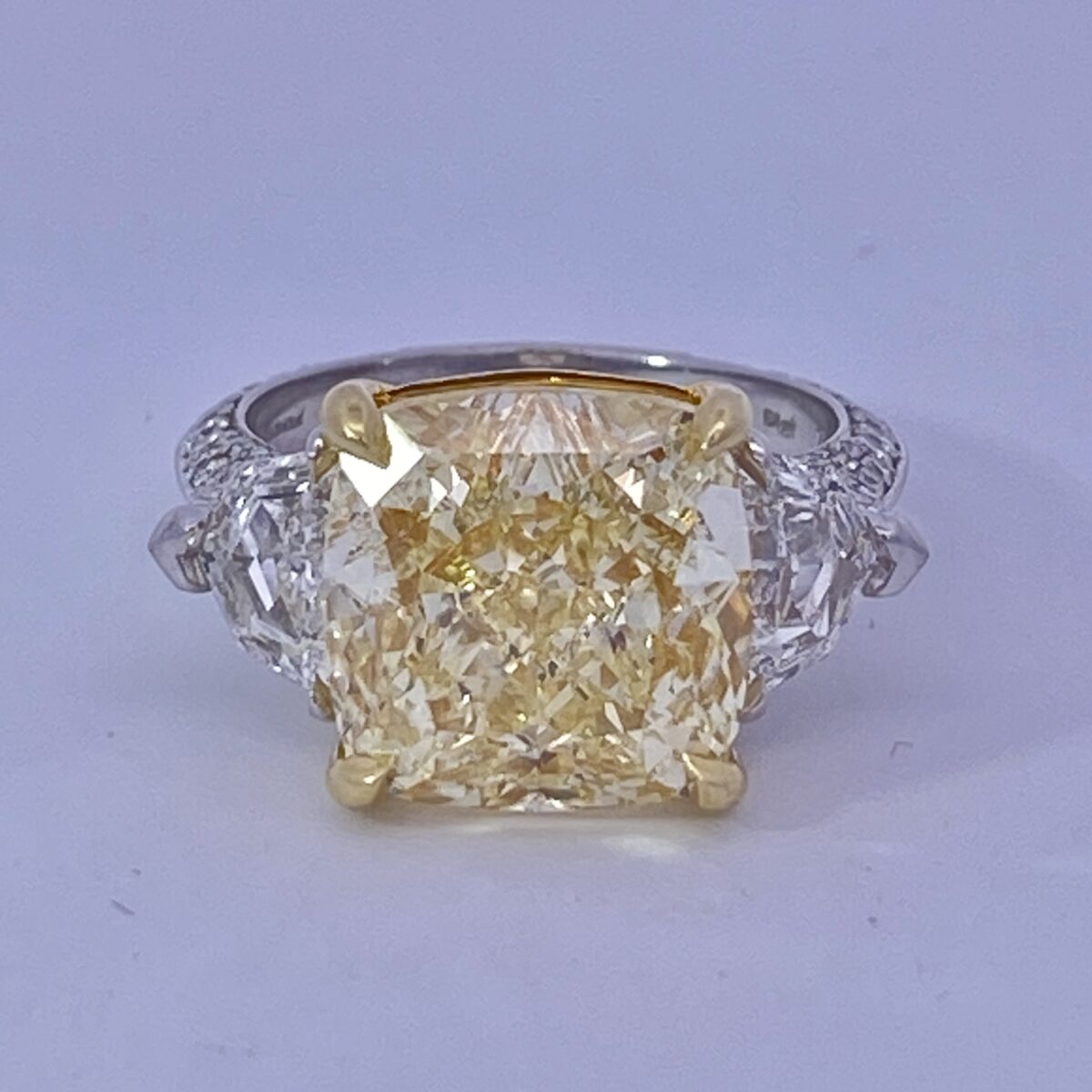 8.12 Carat GIA Cushion Cut Fancy Light Yellow Diamond 18 Karat Yellow Gold and Platinum Ring - Image 6